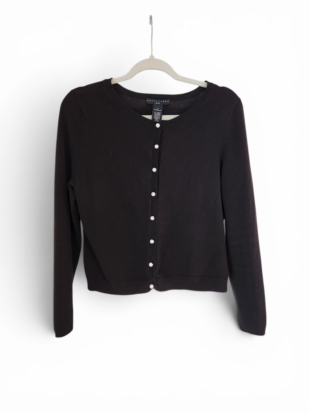 Apostrophe Black Petite Cardigan Sweater Top White Pearl Buttons